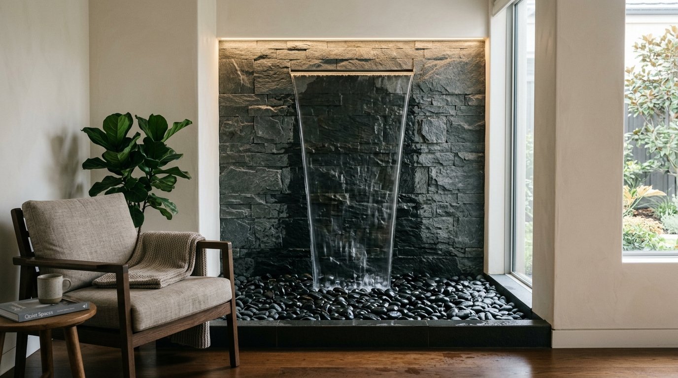 Modern interior space featuring a cascading wall fountain over black river stones beside a comfortable lounge chair.