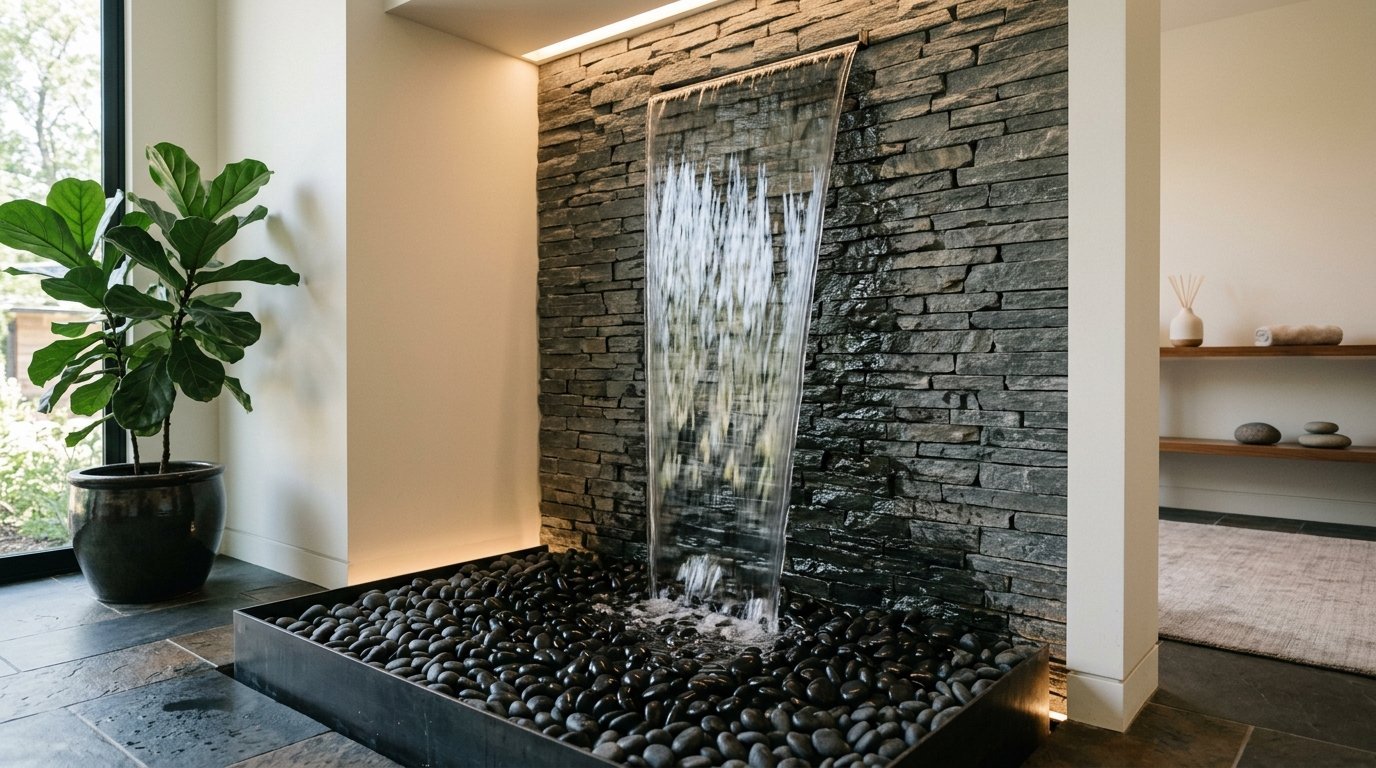 A sheet waterfall flowing down a dark, textured stone wall into a basin filled with smooth black river stones.