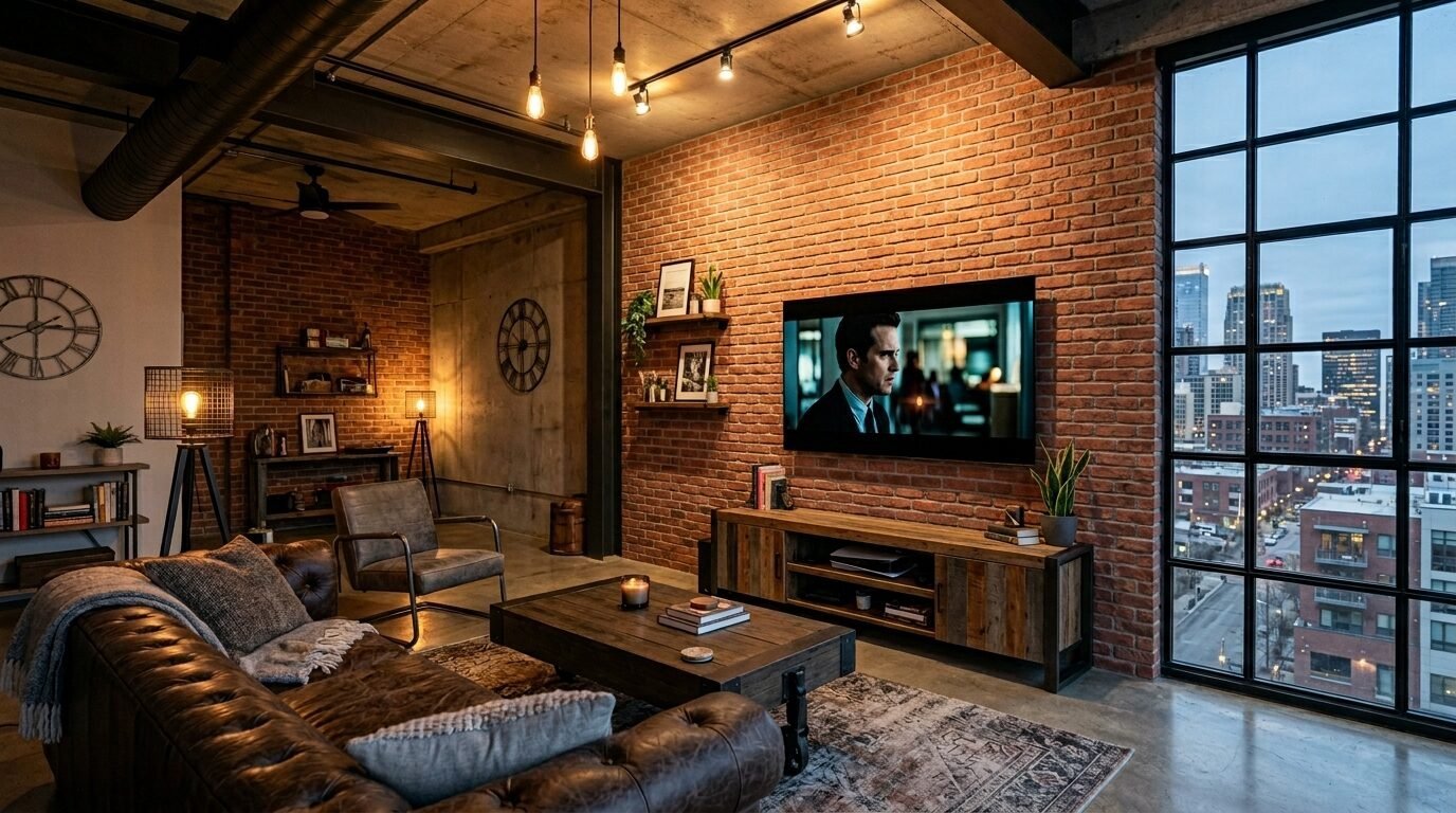 Spacious apartment featuring a leather sofa, television on a brick wall, and large windows overlooking the city skyline.