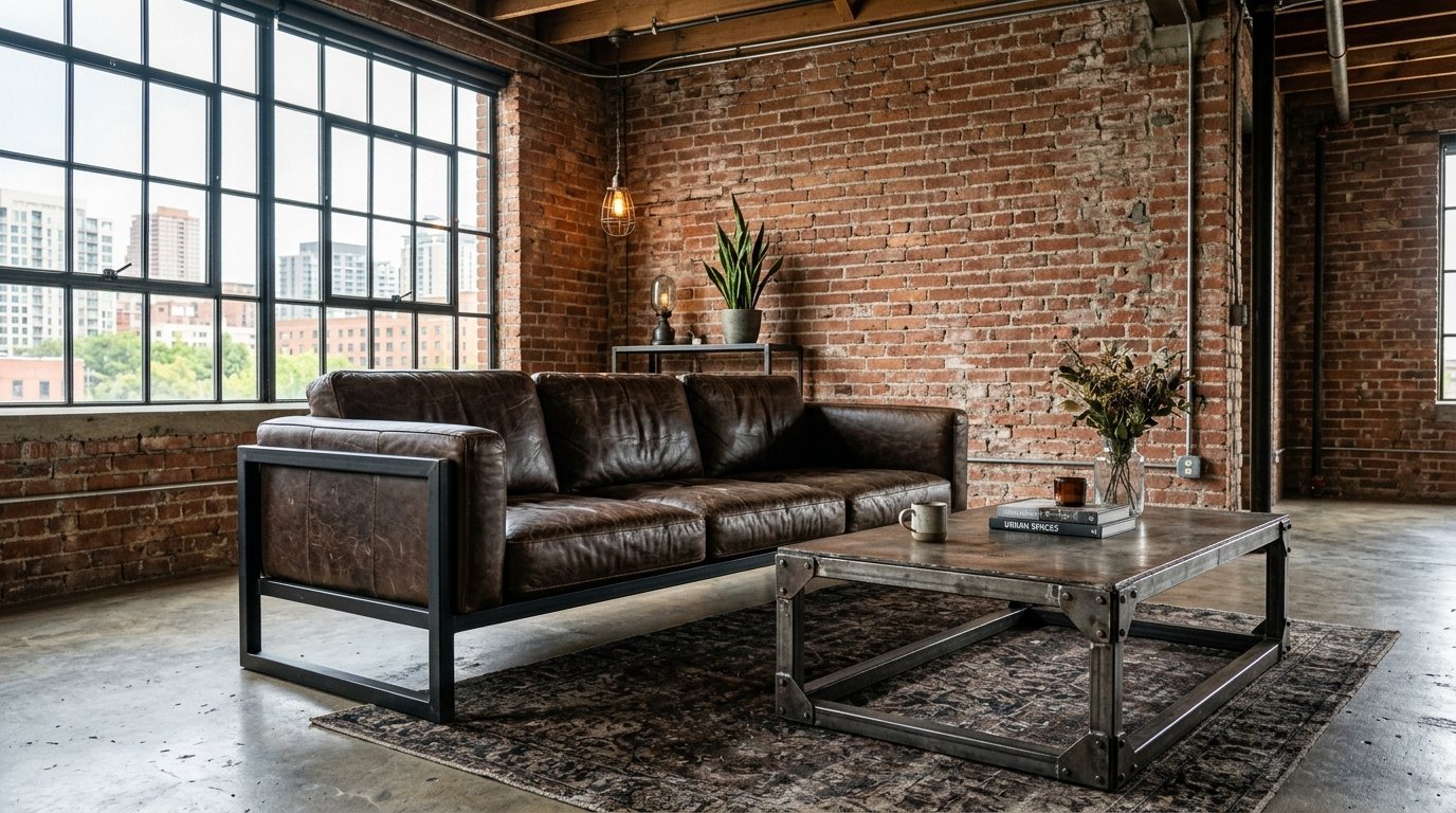 Brown leather couch with metal frame in front of a raw brick wall and large warehouse windows.