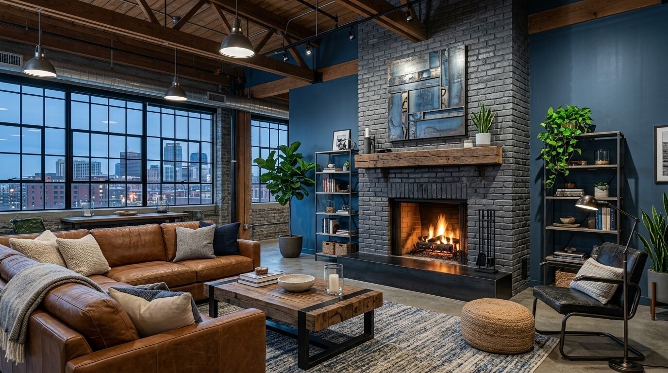Spacious urban loft with brown leather sectional, fireplace, and floor-to-ceiling windows overlooking a city skyline.