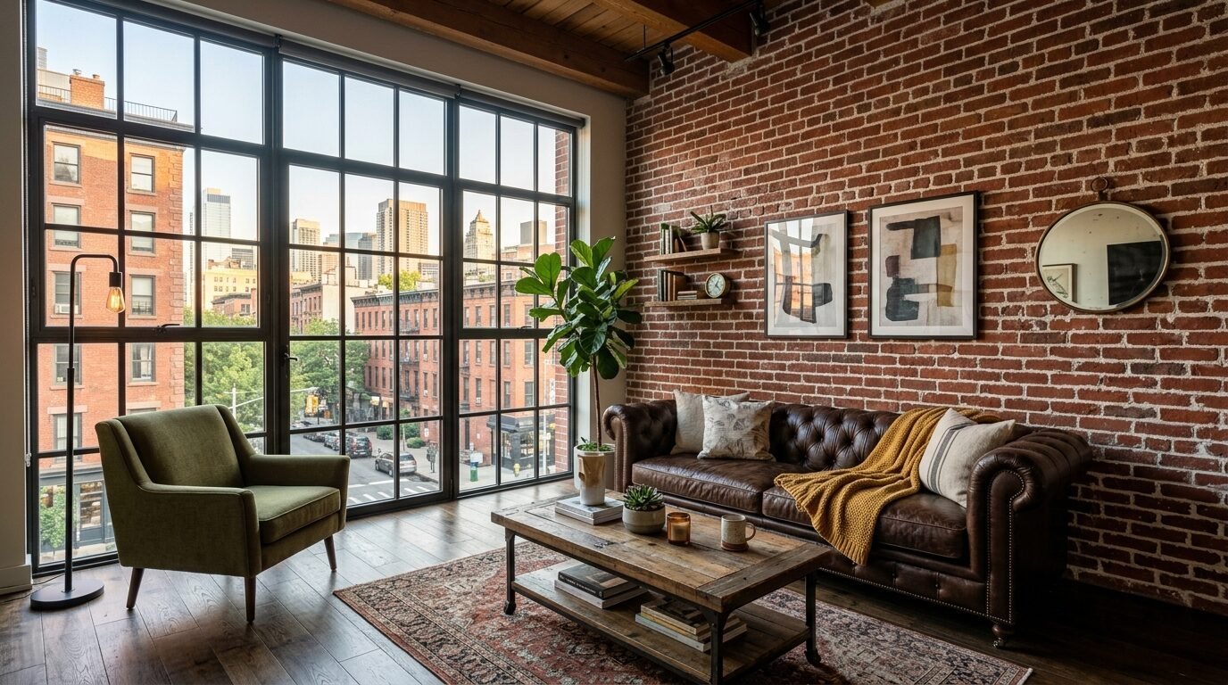 Industrial apartment interior with exposed brick wall, tufted leather sofa, and green armchair by floor-to-ceiling windows.