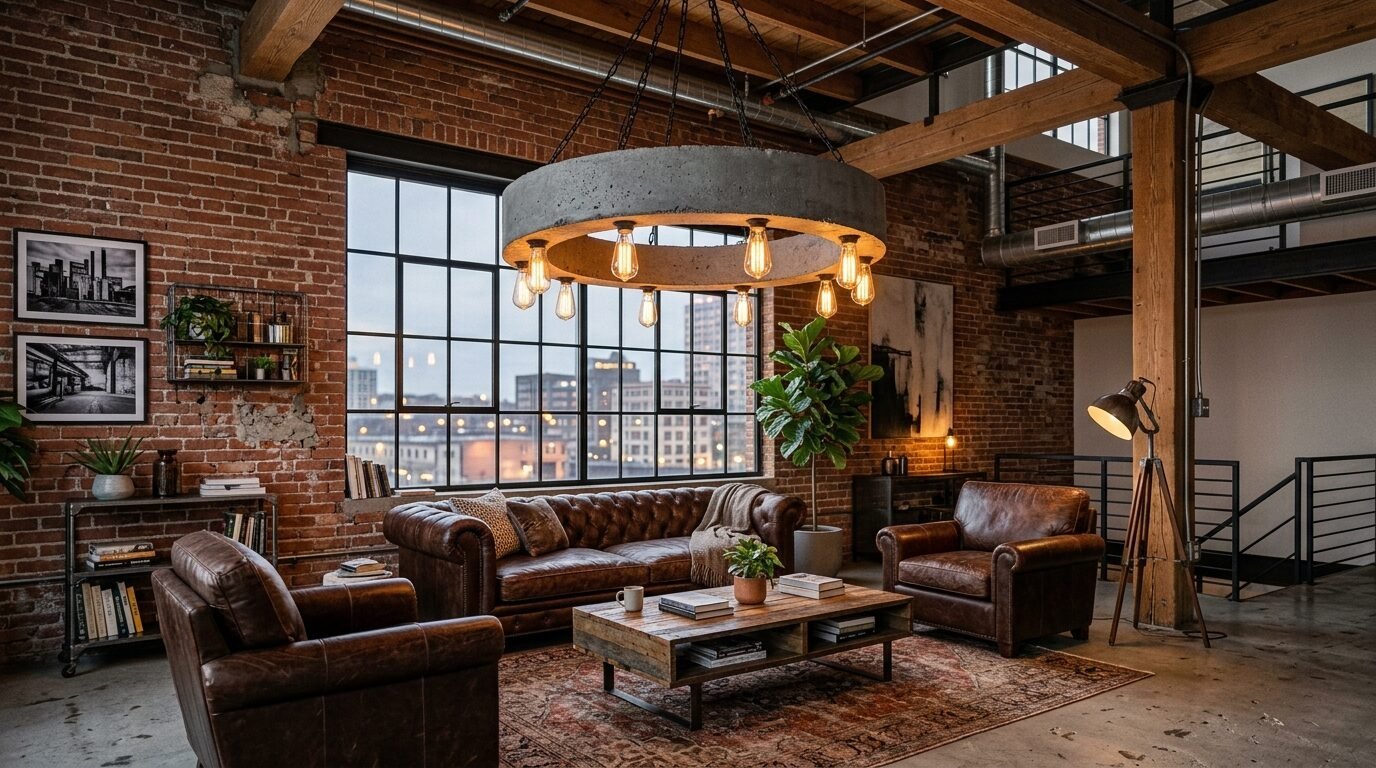 Spacious industrial apartment with exposed brick walls, leather furniture, and a round concrete light fixture.