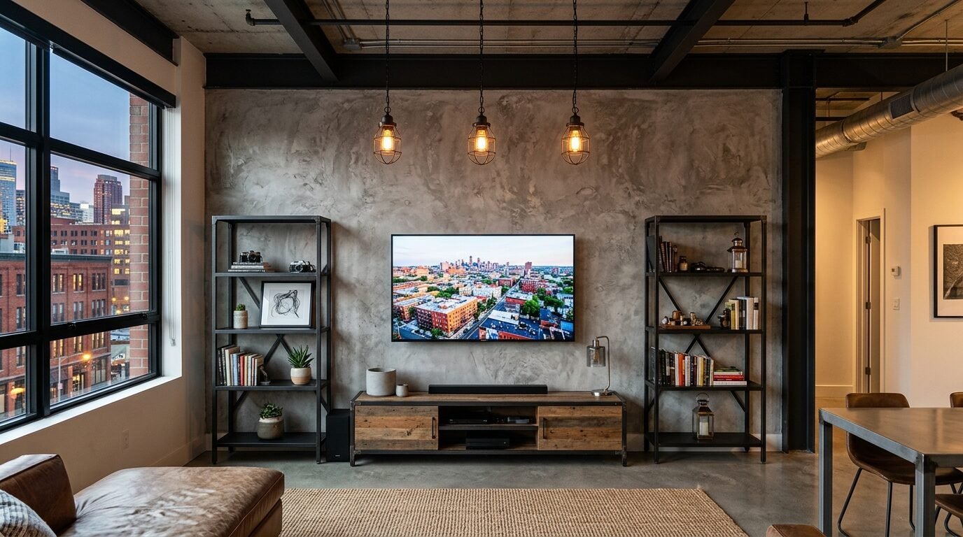 Urban loft interior with a concrete feature wall, flat screen television, and matching metal shelving units.