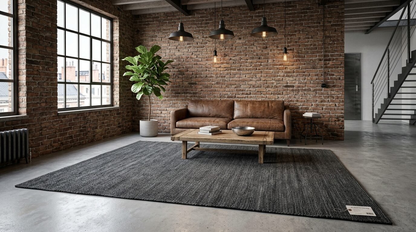 A dark grey area rug placed on a concrete floor in a room with a brick wall, leather sofa, and hanging pendant lights.