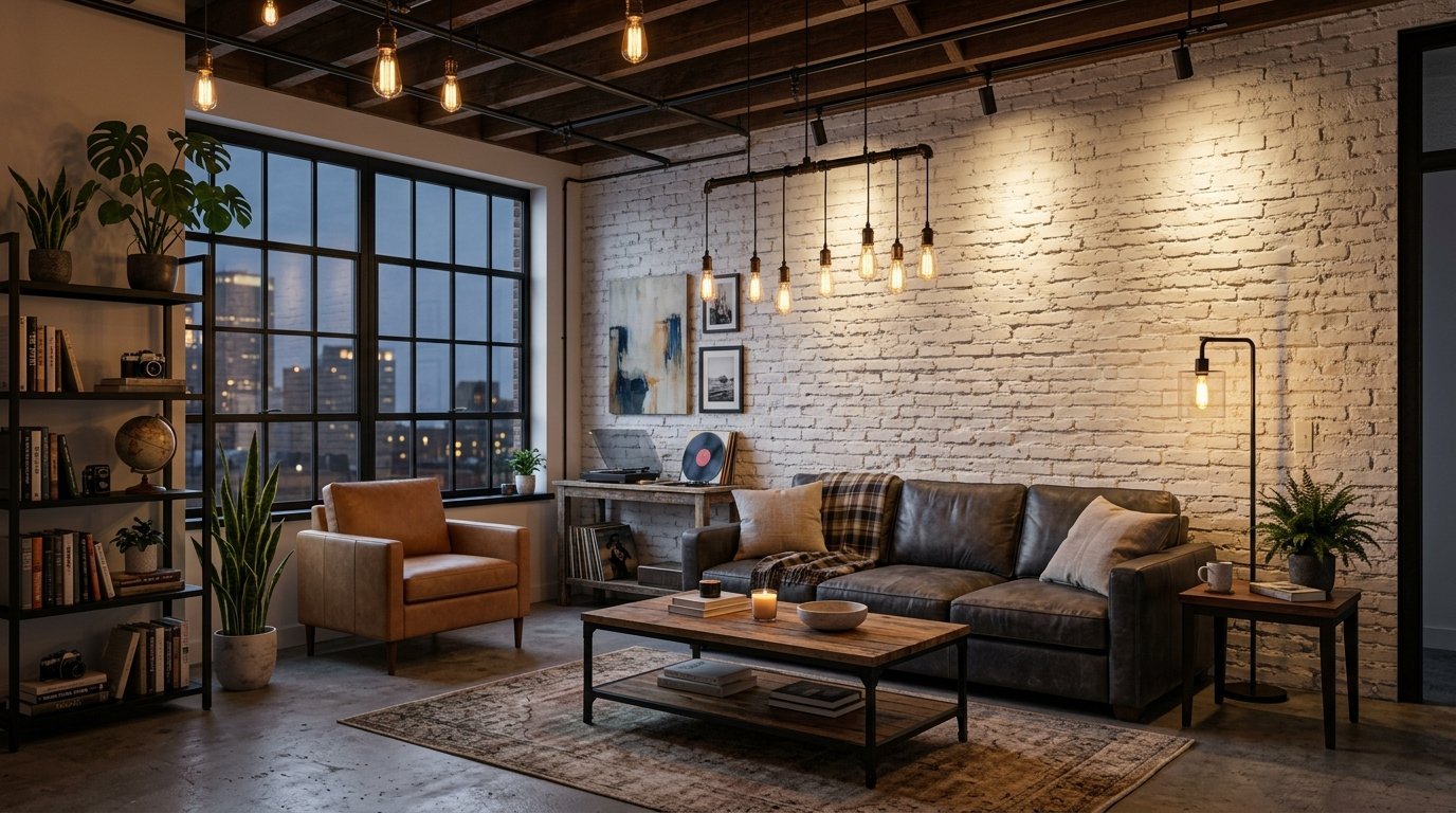Modern industrial apartment lounge with a charcoal leather sofa, tan armchair, and hanging filament bulbs.