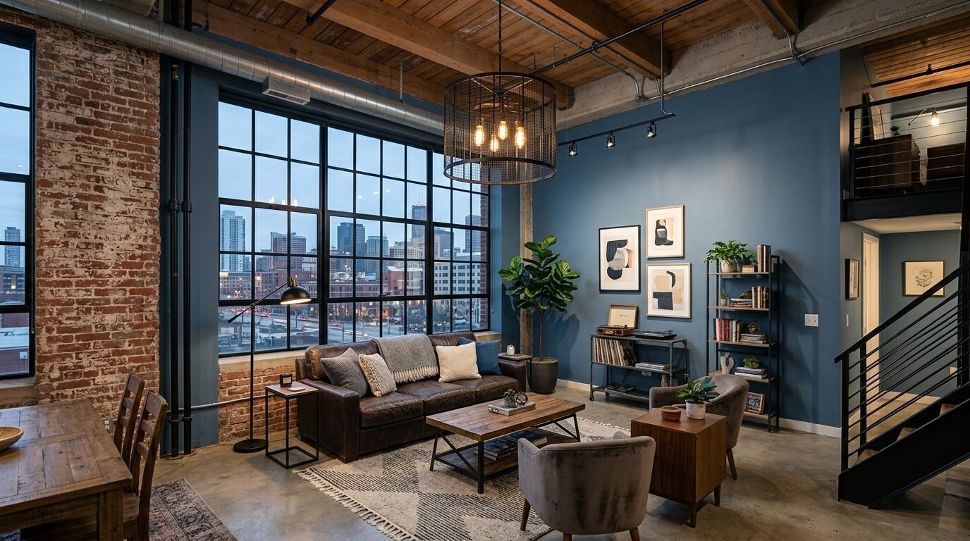 Spacious apartment with brown leather couch, brick walls, and large black frame windows overlooking a city skyline.