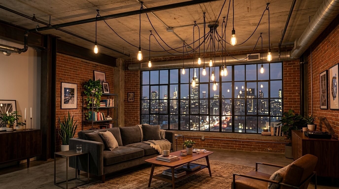 A rustic brick apartment living room with hanging pendant bulbs, a grey sofa, and large windows revealing a night city.