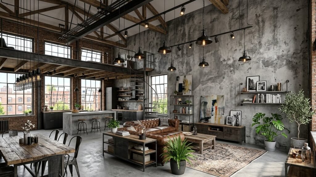 Spacious industrial loft interior with polished concrete walls and modern minimalist furniture design.