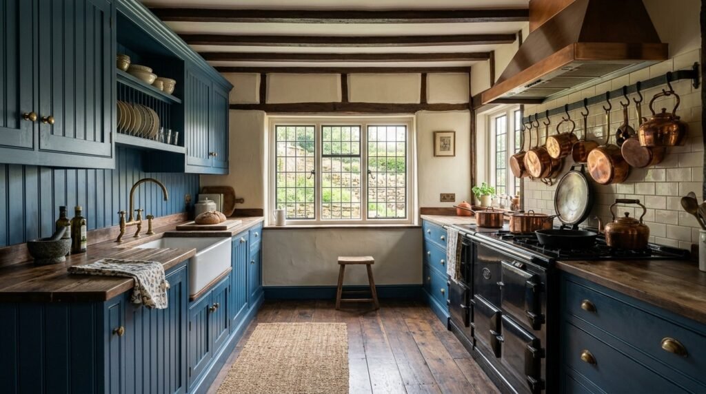 Close up of textured ink blue beadboard wall paneling in a modern home interior.