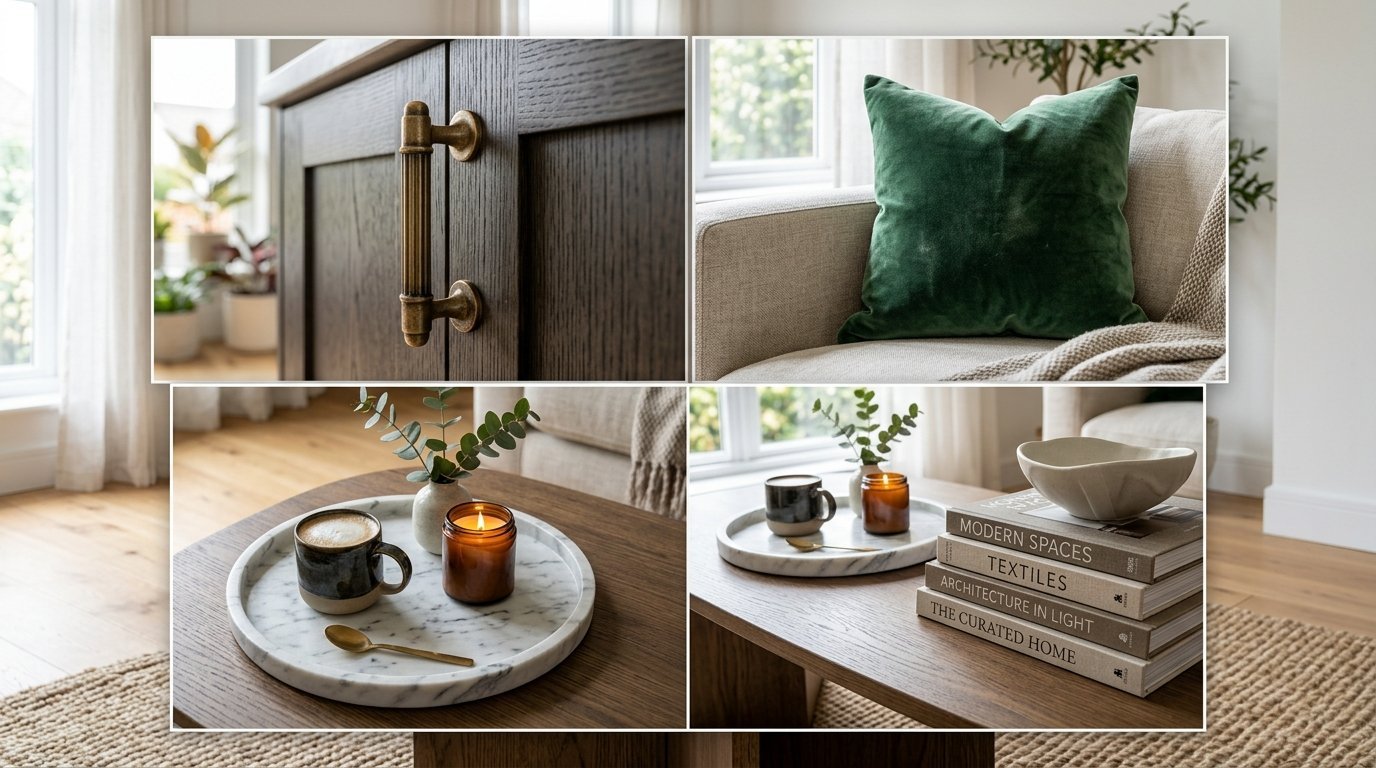 Collage of home decor featuring brass cabinet hardware, green velvet pillow, and coffee table styling with books.