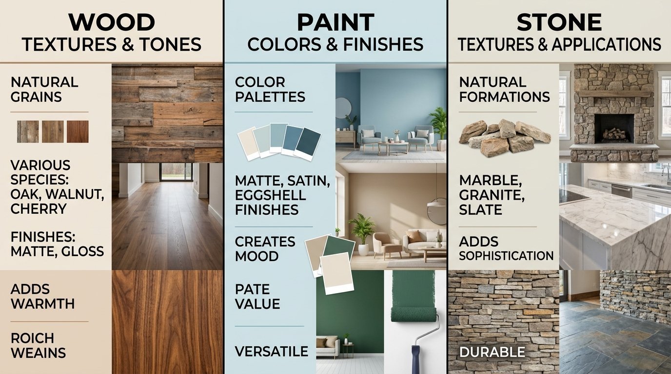 A three-column infographic explaining wood textures, paint finishes, and stone applications for home interiors.