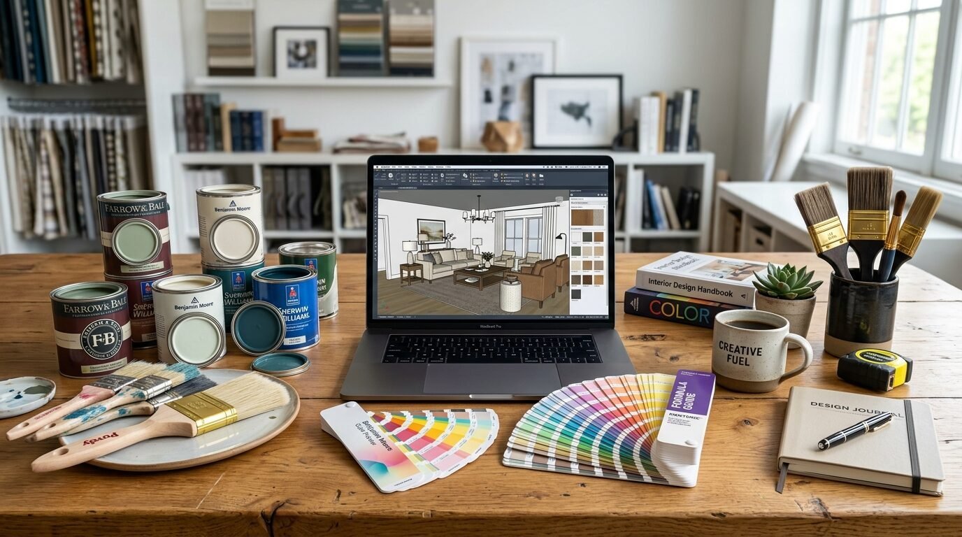 A desk with a laptop rendering a living room, paint cans, brushes, and colorful swatch fans.