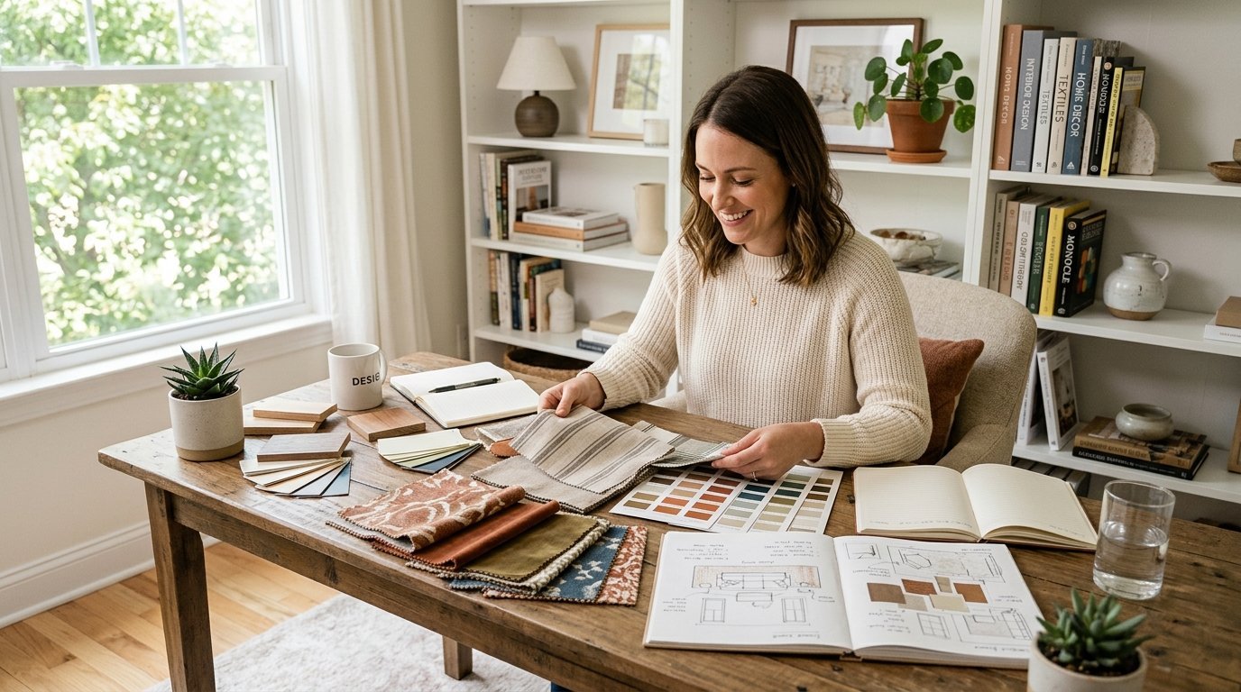 Smiling designer sits at a wooden desk with fabric scraps, paint chips, and an interior design sketch.