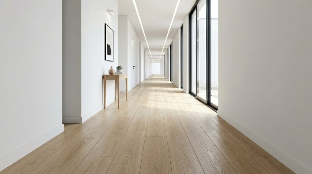 A well-lit hallway showcasing seamless and stylish luxury vinyl plank flooring.