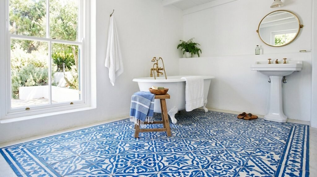 Close up of colorful and intricate Moroccan patterned ceramic floor tiles in a bright room.