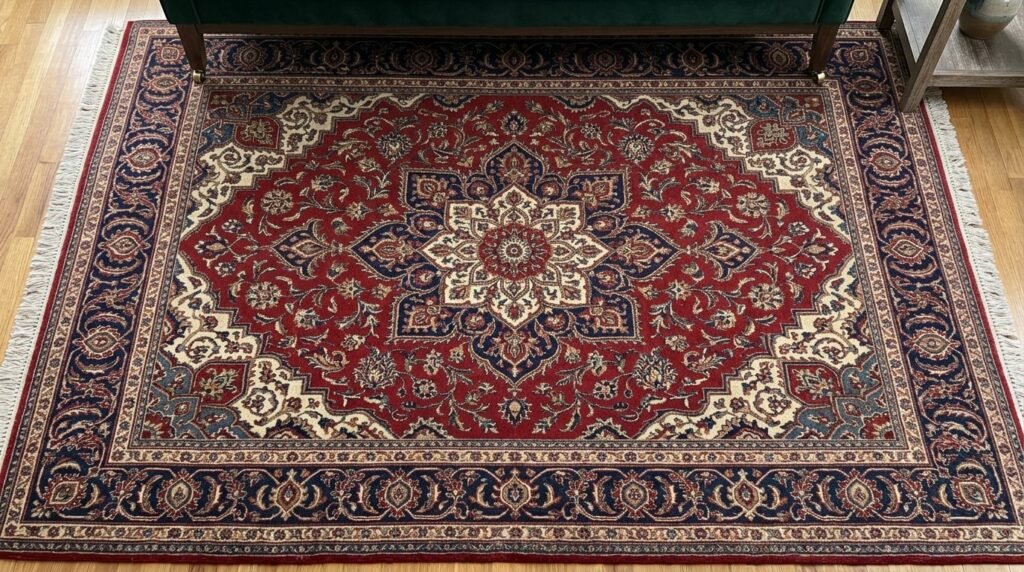 Close-up of a high-quality traditional Persian rug showing intricate floral patterns and deep crimson colors.