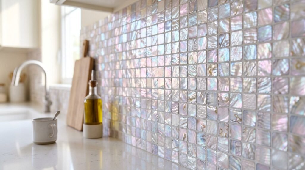 Macro shot capturing the shimmering iridescent surface and organic texture of mother of pearl.