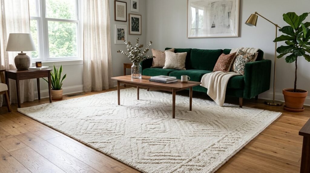 High quality ivory wool rug with soft texture in a bright living room setting.