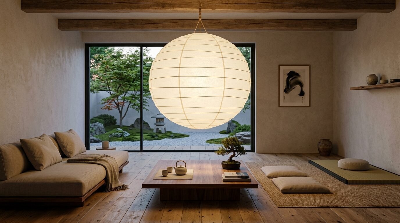 A serene zen room with a hanging paper sphere light, low wooden coffee table, floor cushions, and a garden view.