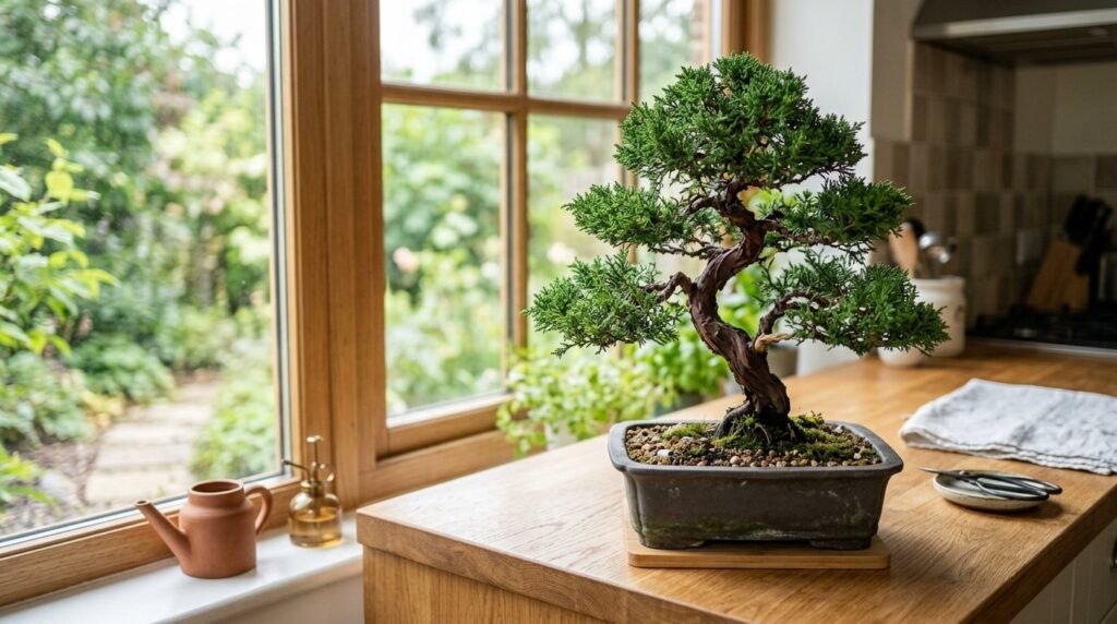 A detailed close-up of a well-maintained juniper bonsai tree with textured needles.