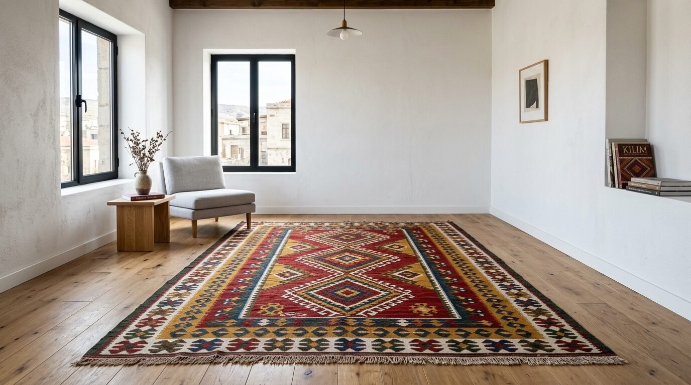 Colorful geometric woven rug on a hardwood floor inside a bright room with a grey chair and large windows.
