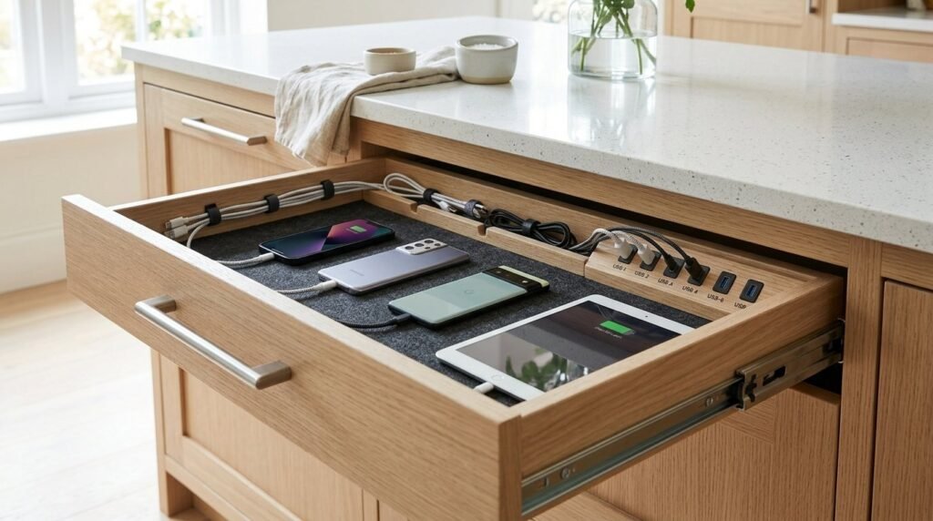 A tidy kitchen drawer repurposed as a hidden charging station for multiple smartphones and tablets.