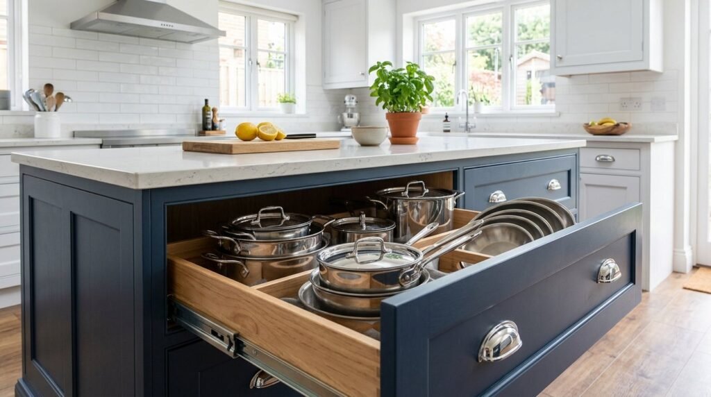 A stylish kitchen island featuring integrated storage cabinets and drawers for organized kitchen space.