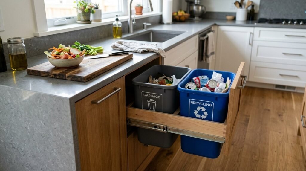 A sleek kitchen island with a convenient built-in trash pull-out drawer.