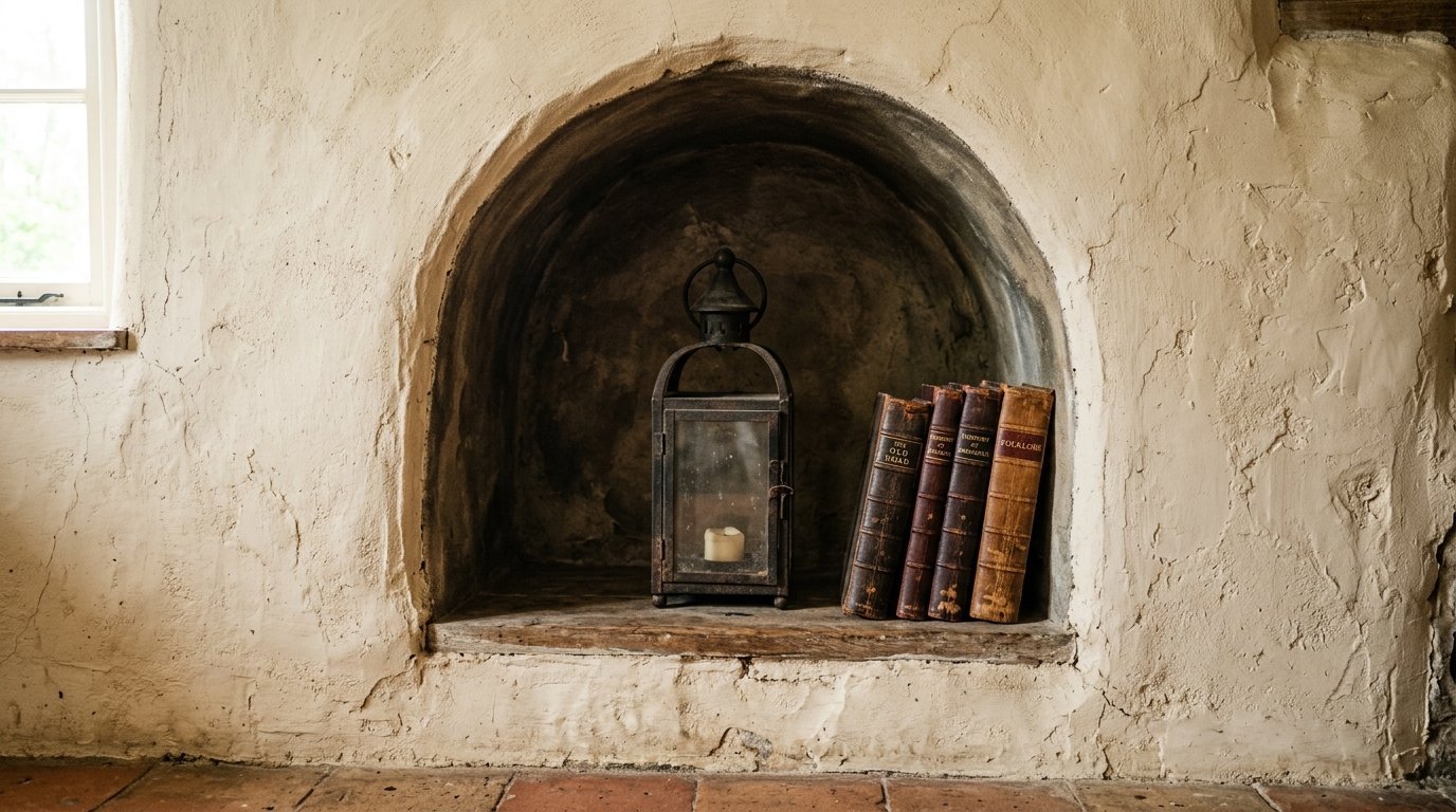 A metal lantern and four old leather-bound books displayed inside an arched plaster wall recess.