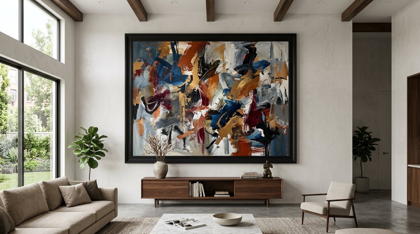 Spacious living room featuring a vibrant abstract artwork on a cream wall above a wooden media cabinet.