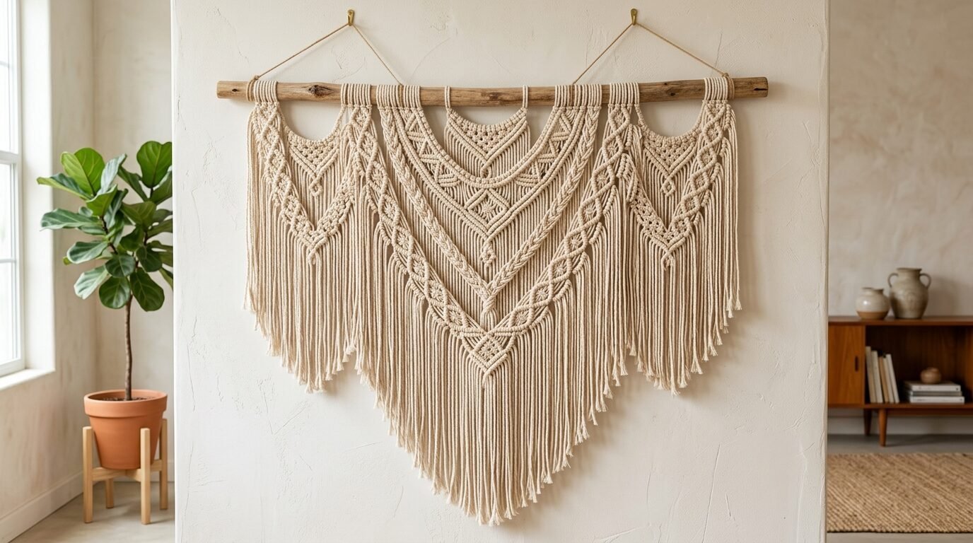 A large, handmade off-white macrame wall art display featuring geometric knot patterns and long fringe hanging indoors.
