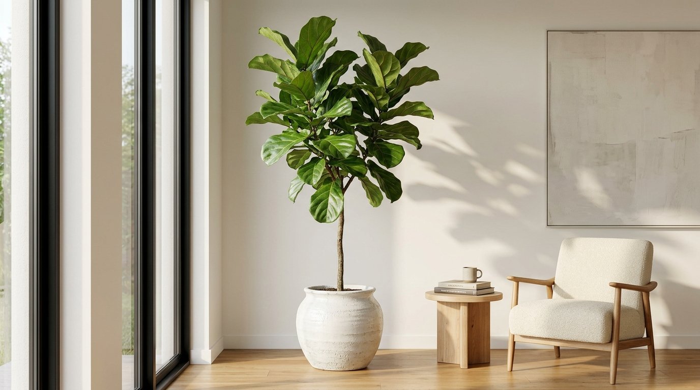A tall fiddle leaf fig plant in a white textured pot beside a cream armchair and a wooden side table.