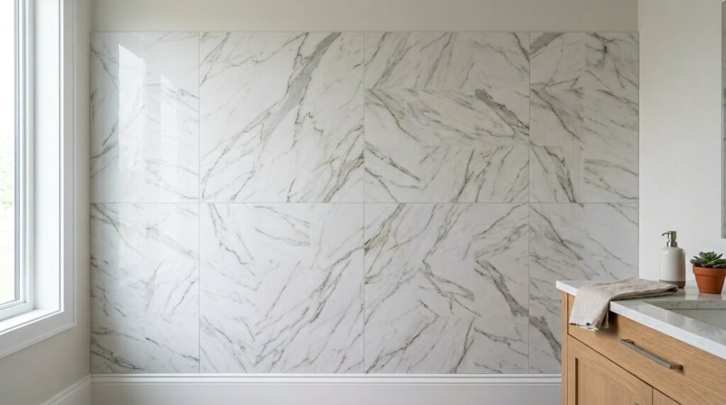 High resolution close up of large format white marble tiles with elegant grey veining.