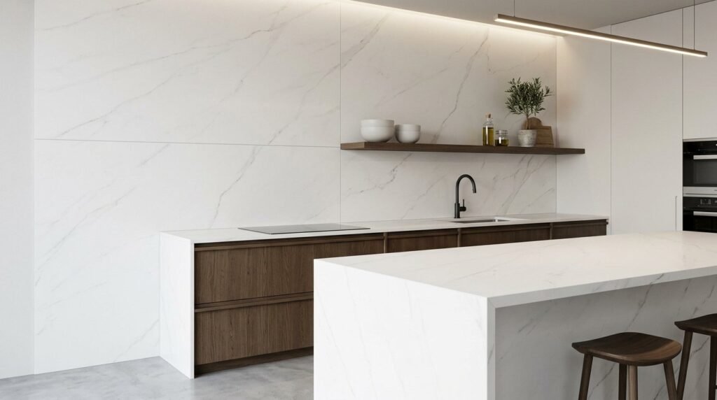 Close up shot of premium large format porcelain slabs for luxury home flooring and wall cladding.