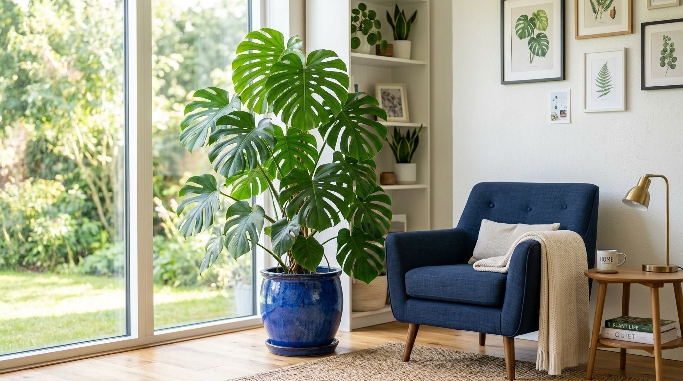 A lush green monstera houseplant in a blue glazed pot next to a mid-century navy blue accent chair by a window.