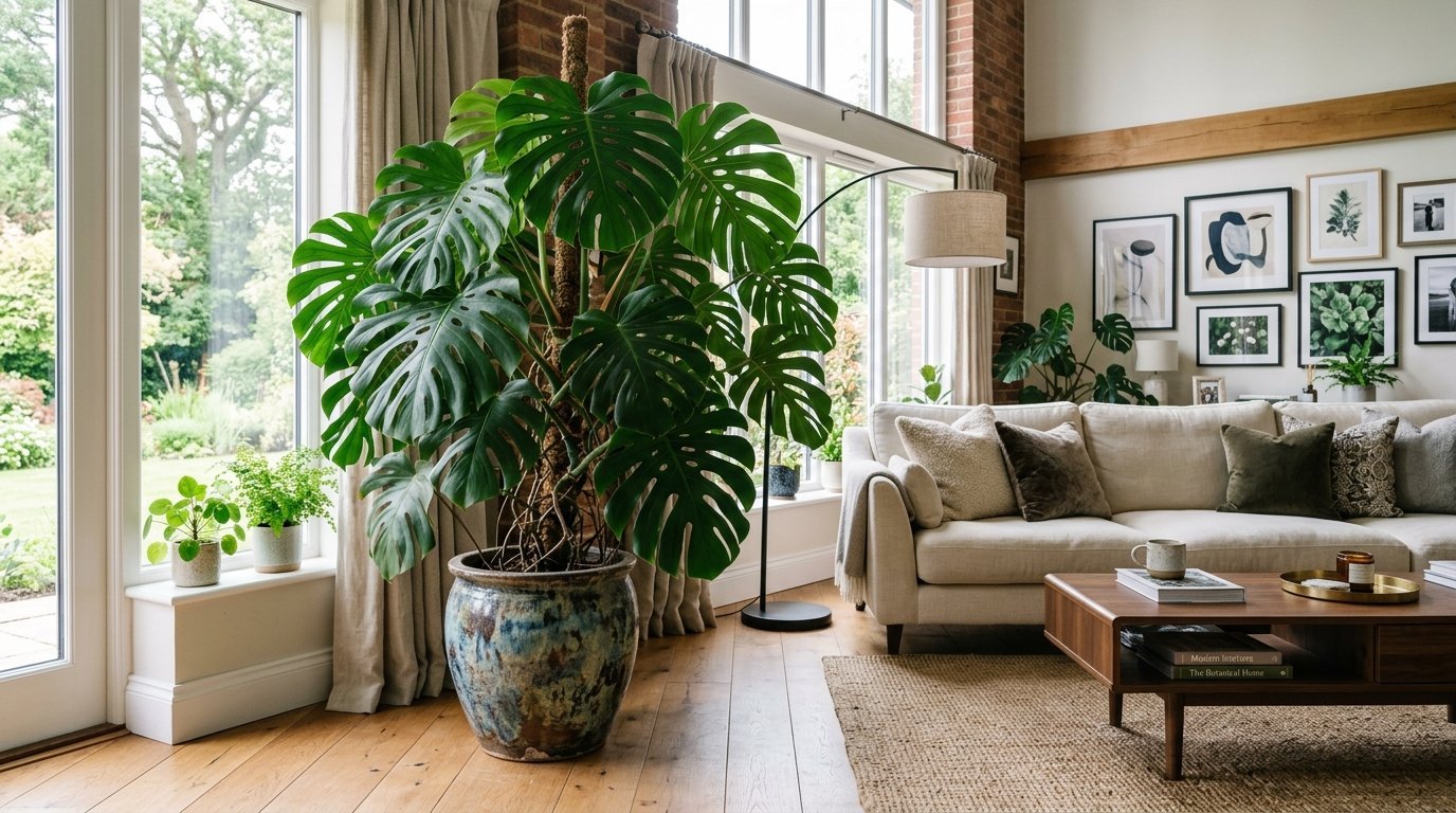 A big potted Monstera plant stands in a bright, modern living room next to a beige sofa.