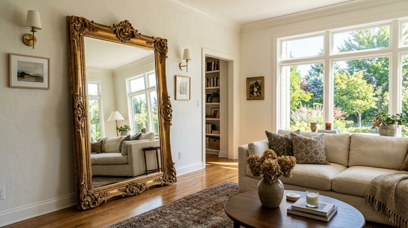 Oversized decorative gold mirror reflecting a cozy interior space next to a cream sofa and coffee table.
