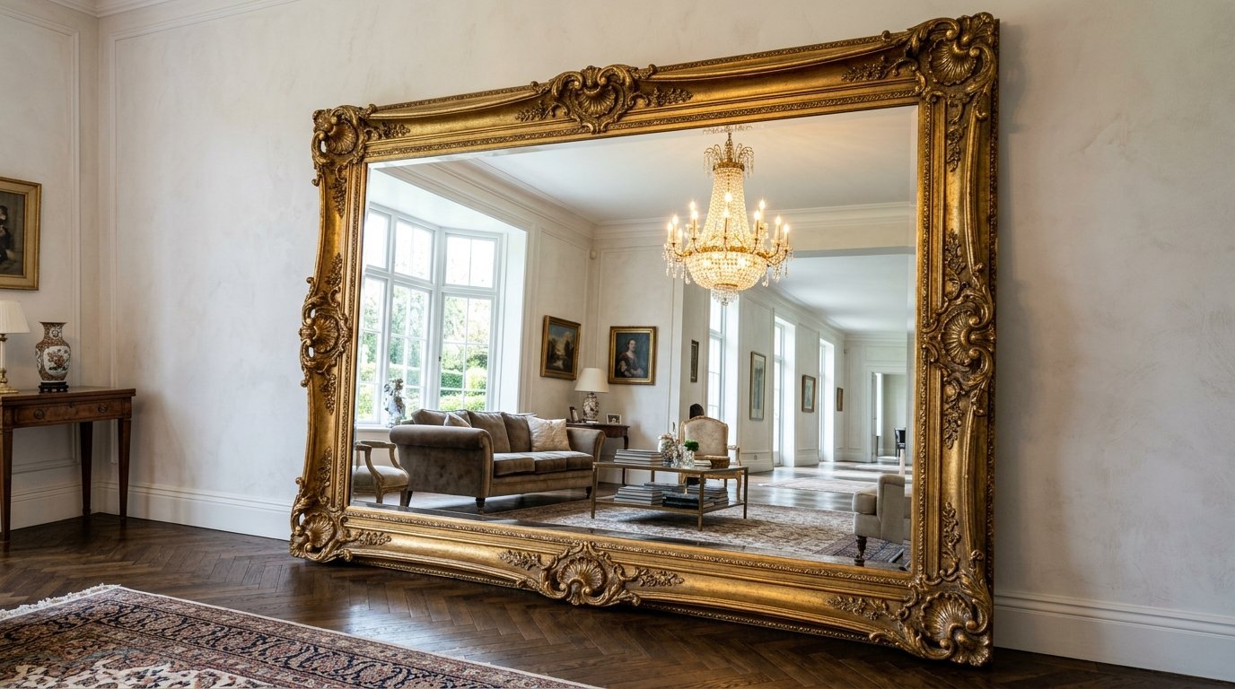 A large rectangular mirror in an ornate golden frame reflecting a bright, elegant living room interior.