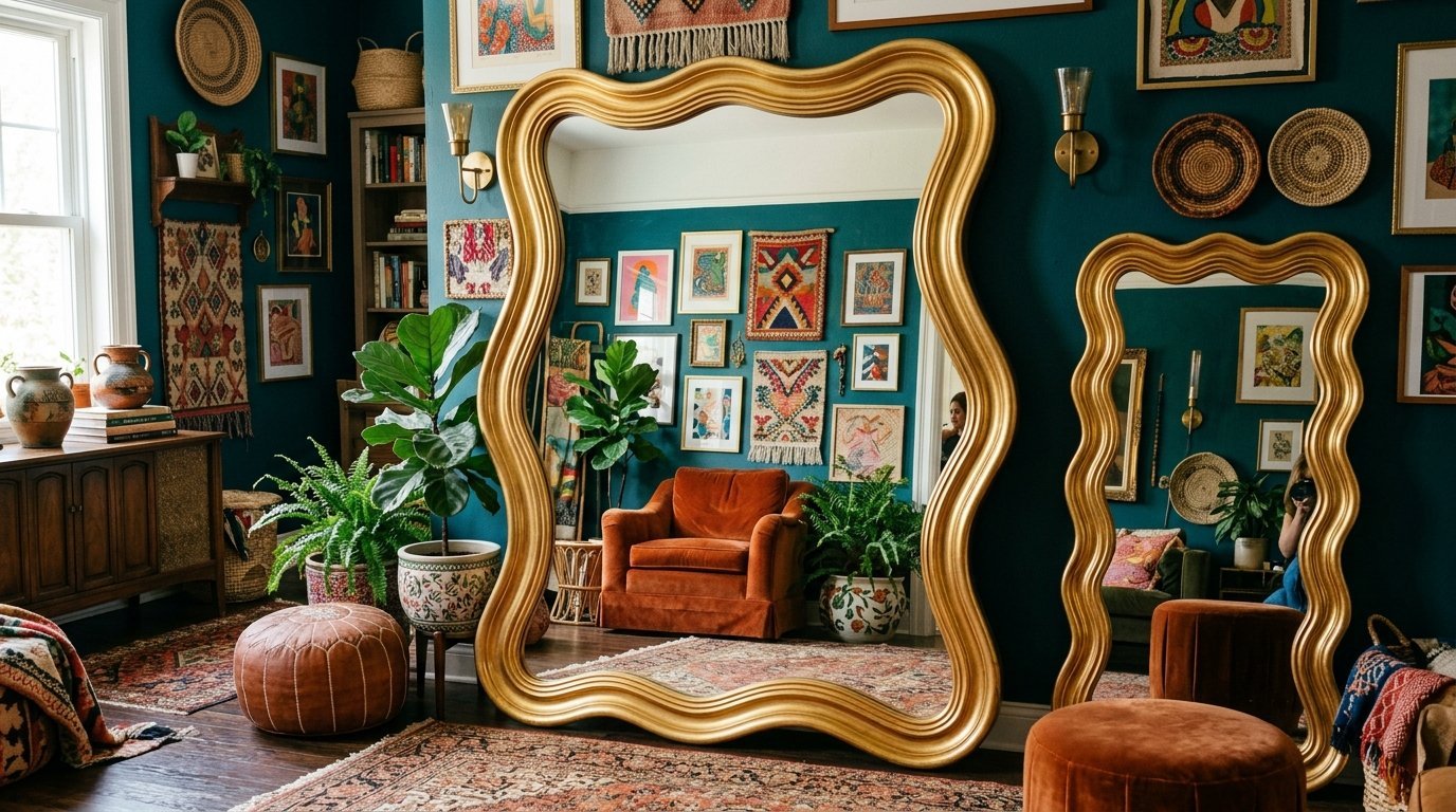 Two ornate gold-framed mirrors with wavy edges reflect a vibrant living room with teal walls and burnt orange furniture.