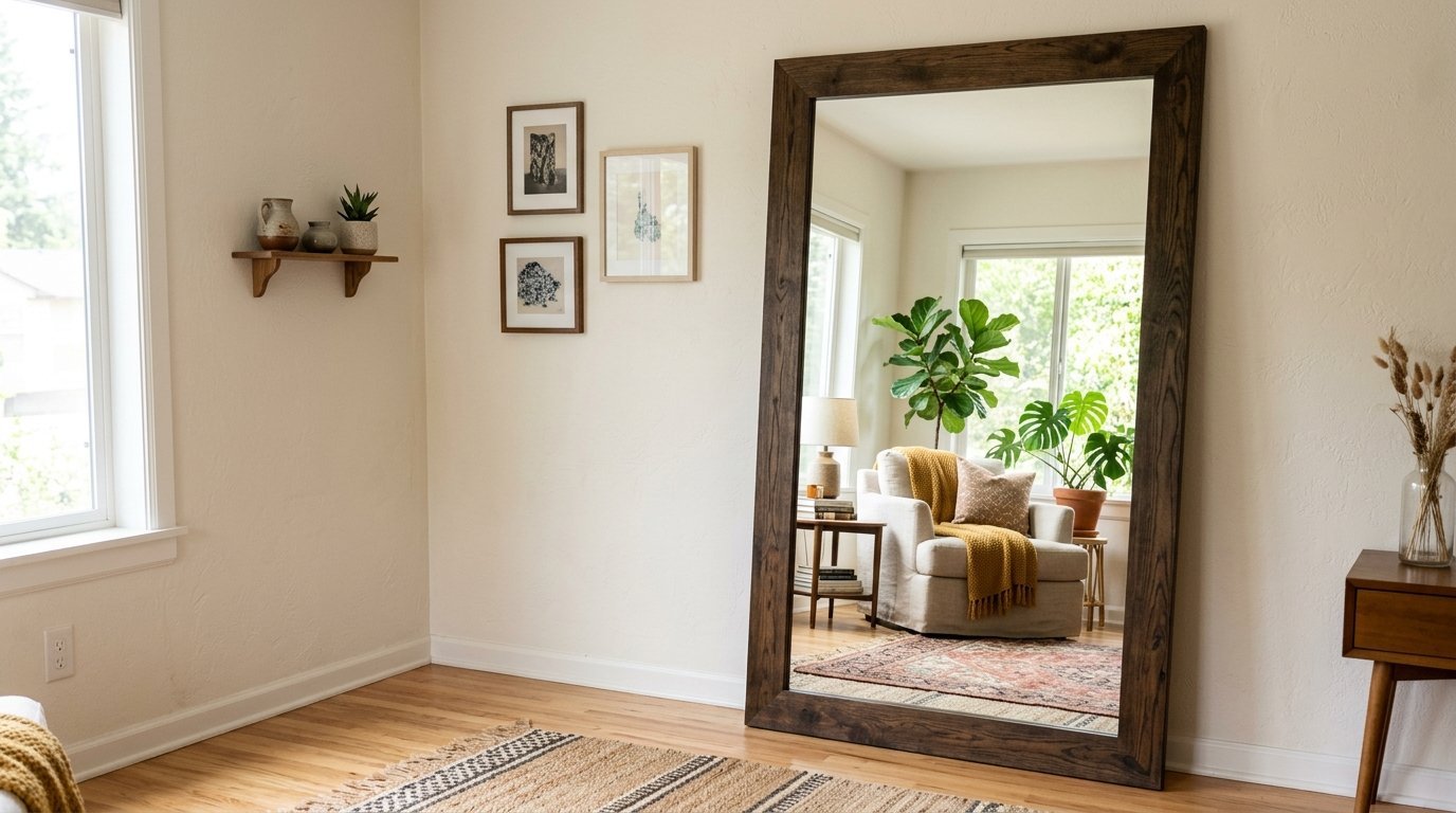 A tall floor mirror with a dark wood frame stands in a room, reflecting a chair and plants.