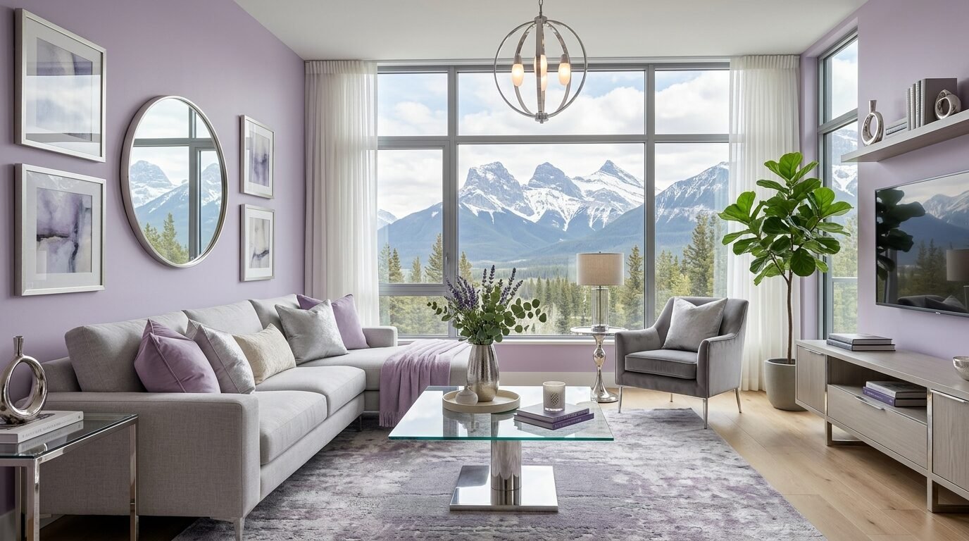 Contemporary living room featuring lilac walls, grey sofa, glass coffee table, and large window with alpine scenery.
