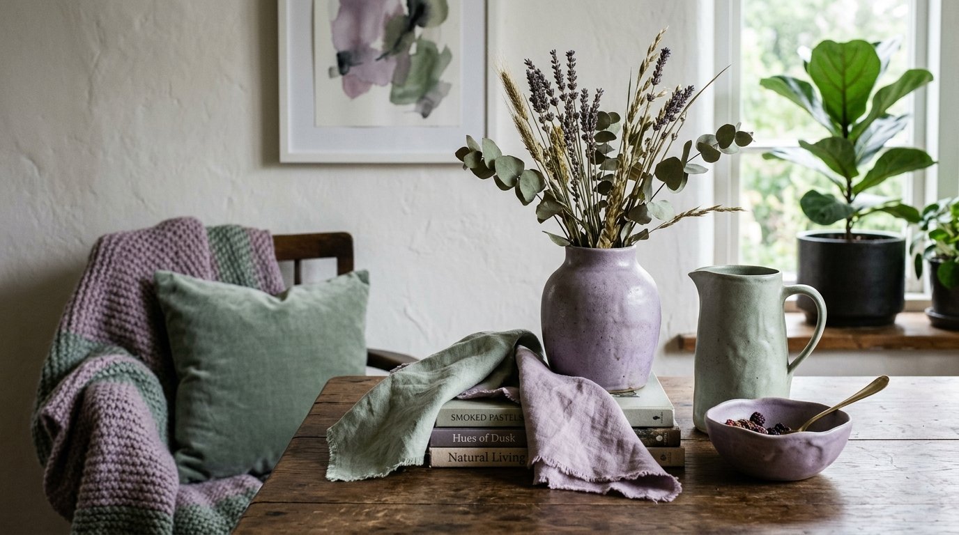 A lavender ceramic vase with dried stems sits on a stack of books next to a green pitcher and a small purple bowl.