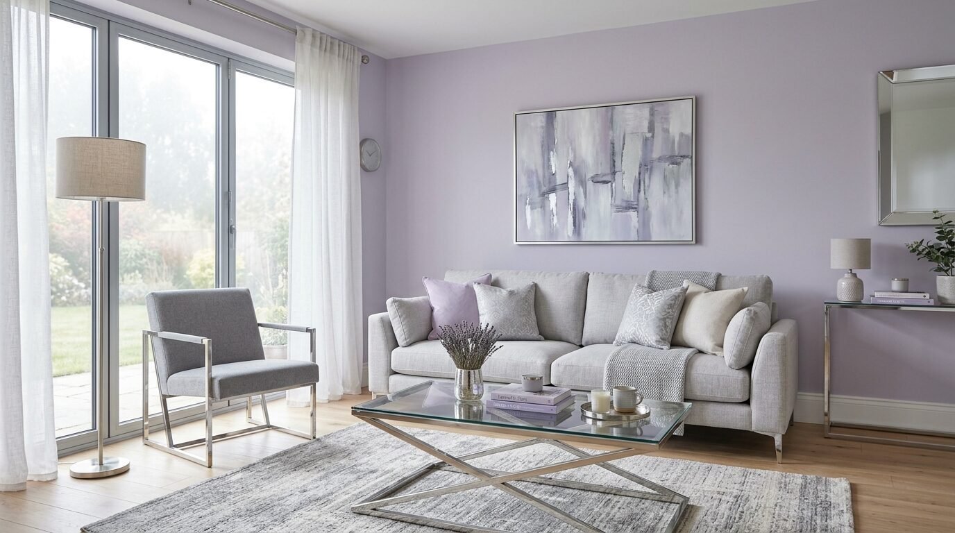 A chic living room featuring a grey sofa, glass coffee table, and soft lavender painted walls.