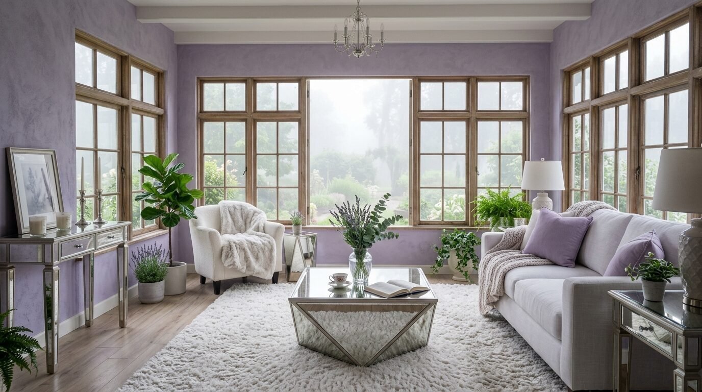 Bright living room with purple textured walls, a white sofa, and a mirrored geometric coffee table by large windows.