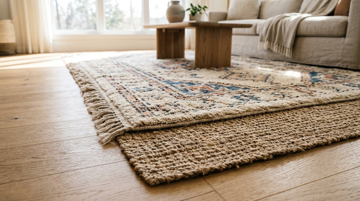 Close up of a patterned rug with fringe layered over a woven jute rug on light hardwood floors.