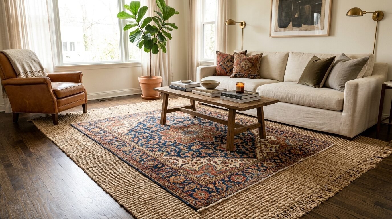 Living room featuring a blue and orange vintage-style rug placed on top of a textured tan woven jute rug.