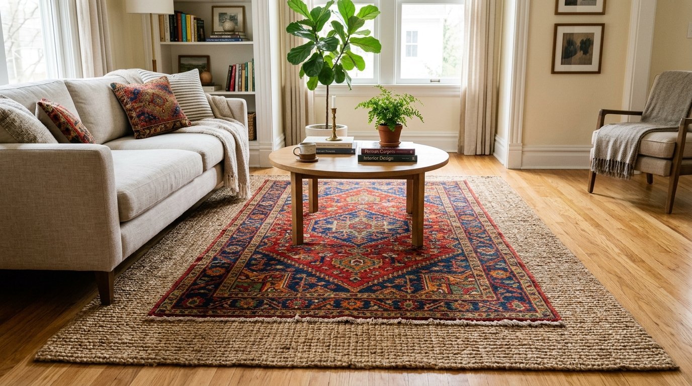 A beige couch with patterned pillows sits atop a large jute rug layered with a traditional red and blue oriental rug.