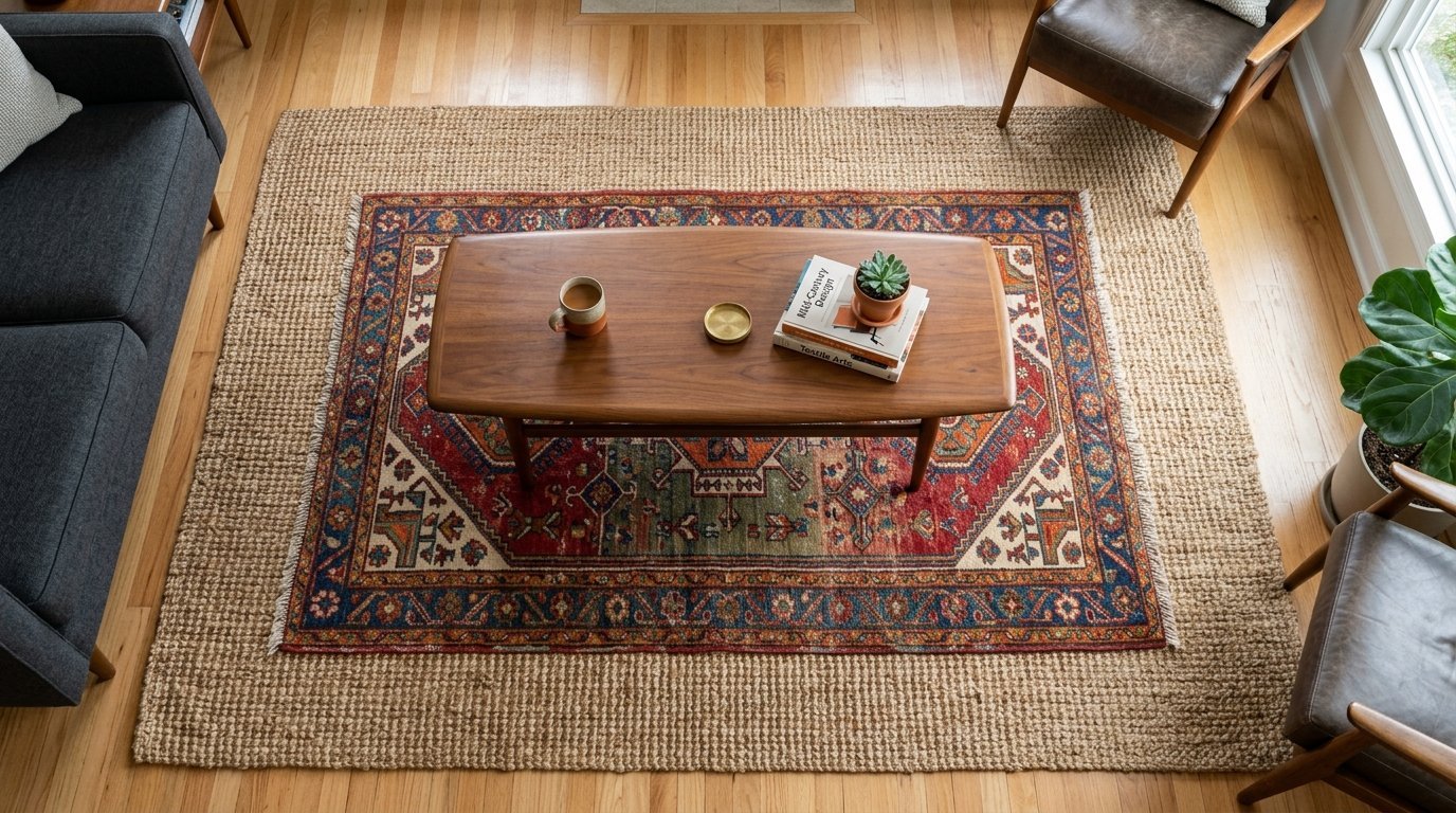 A mid-century coffee table placed on a patterned oriental rug layered over a large, textured jute rug.