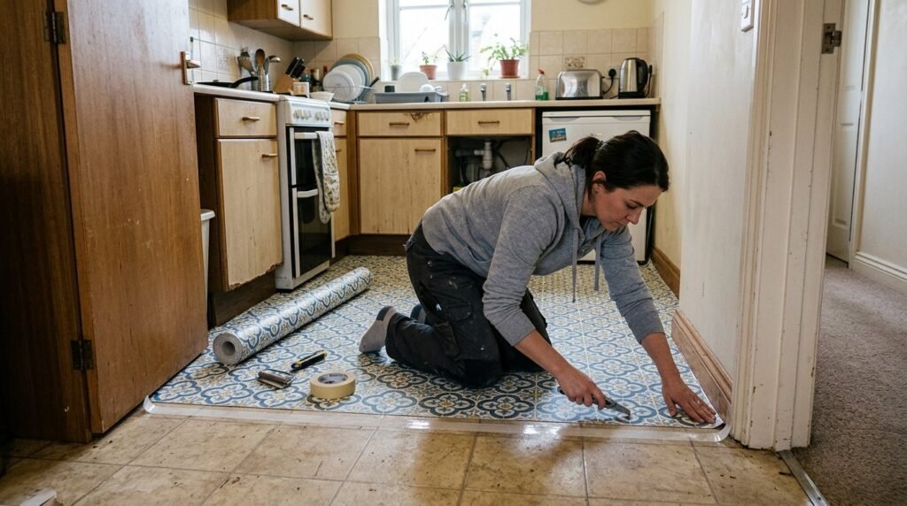 A close-up view of a professional installer laying linoleum flooring in a home renovation project.